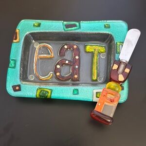 Colorful Glass Serving Dish with Knife